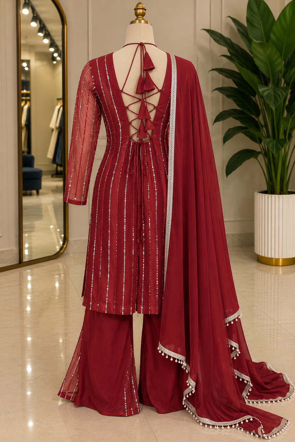 Maroon Sequin Bell-Botton Set (3 Pieces)- hand worked